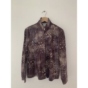 Exclusively Misook Shiny Animal Print Zip Up Jacket Sz XL Purple Beige Art